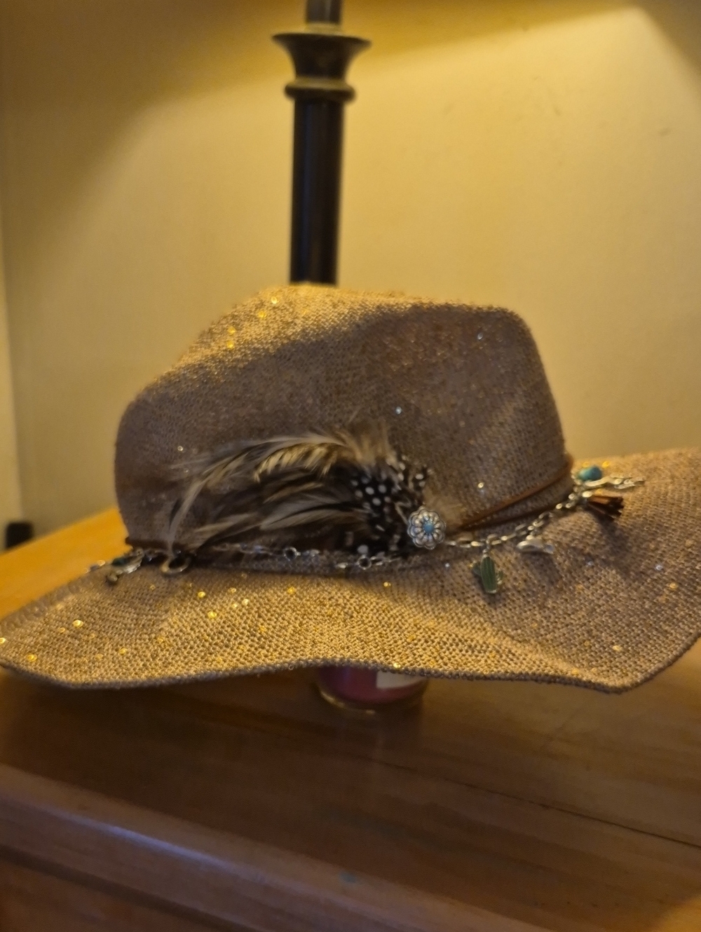 Brown Straw Fedora Hat with Feather and Bead Trim